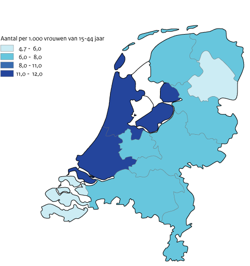 Kaart van Nederland zwangerschapsafbreking per provindie naar woonplaats per client