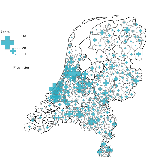 Kaart van Nederland waarin openbare apotheken per gemeent staat  vermeld.