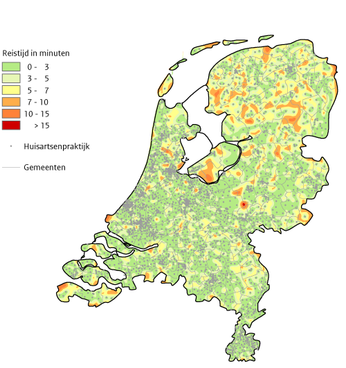 Kaart van Nederland met weergave reistijd in minuten per auto naar dichtsbijzijnde huisartsenpraktijk