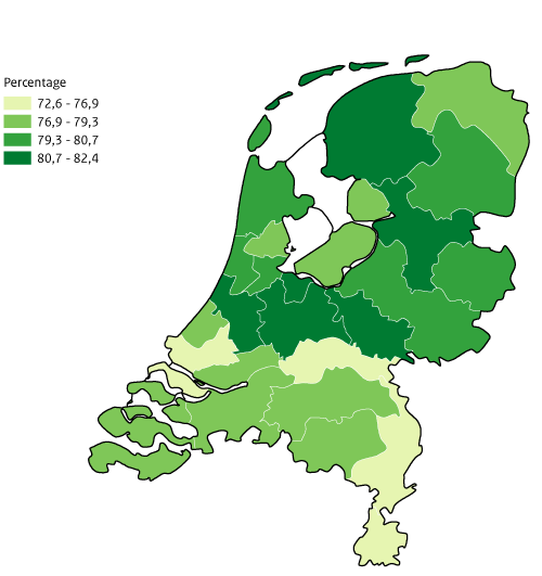 Kaart Nederland (zeer) goed ervaren gezondheid per GGD-regio, volwassenen van 19 jaar en ouder GZM 2020