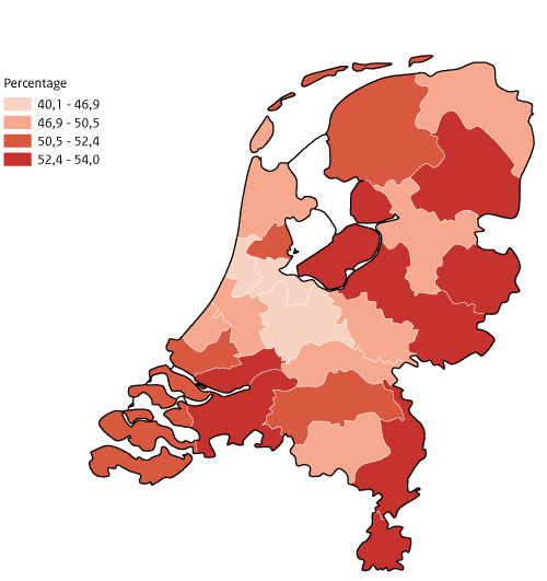 Kaart Nederland Overgewicht per GGD-regio, volwassenen van 19 jaar en ouder GZM 2020