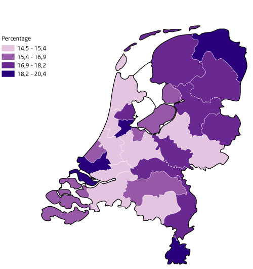 Kaart Nederland Rokers per GGD-regio, volwassenen van 19 jaar en ouder GZM 2020