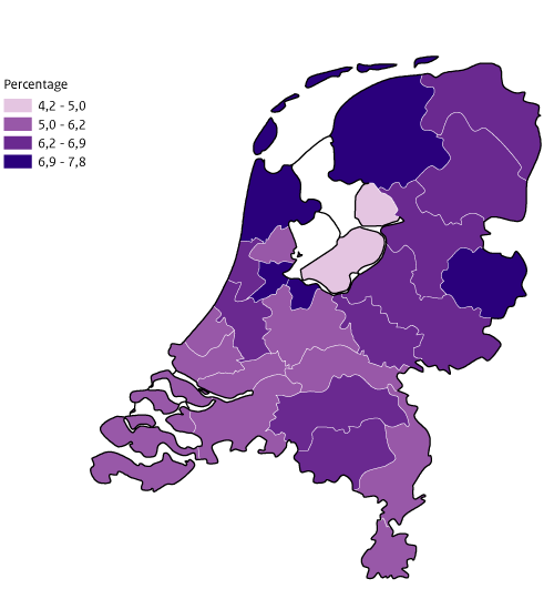 Kaart Nederland Overmatig drinken per GGD-regio, volwassenen van 19 jaar en ouder GZM 2020