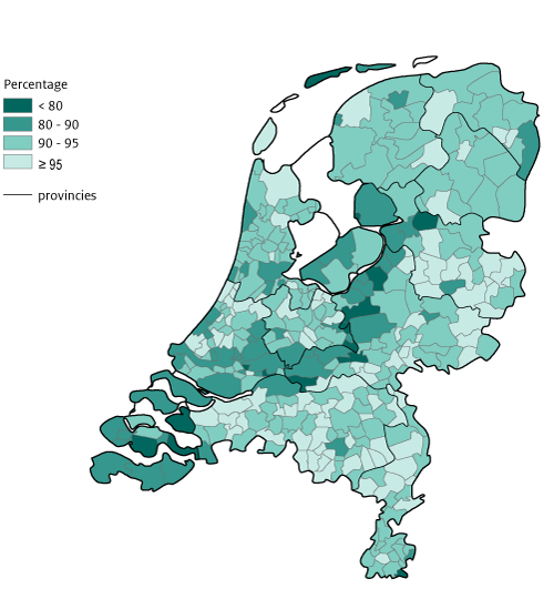Kaart van Nederland per gemeente Volledige deelname vaccinaties, zuigelingen 2018
