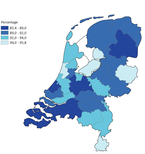 Kaart Nederland Ambulance-inzetten bereik A1 15 minutent (2020)