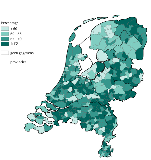 Kaart Nederland Griepvaccinatie, Per gemeente, bevolking van 60 jaar en ouder
