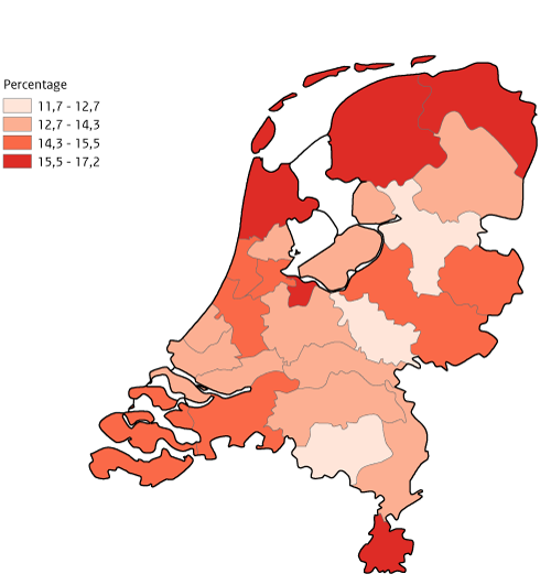 Kaart van Nederland waarin pesten op school per GGD regio wordt weergegeven