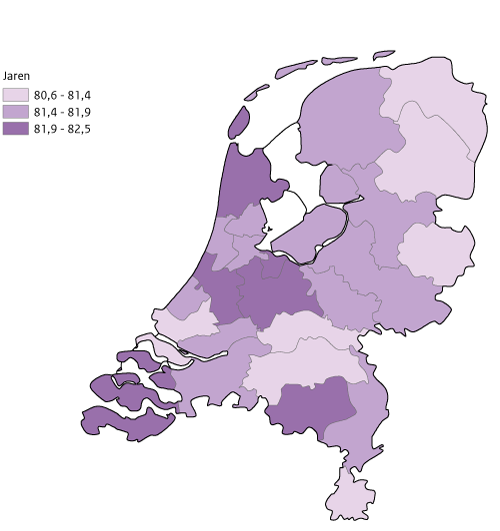 Kaart Nederland met levensverwachting bij geboorte per GGD regio