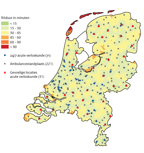Kaart Nederland locaties gevoelige ziekenhuizen acute verloskunde