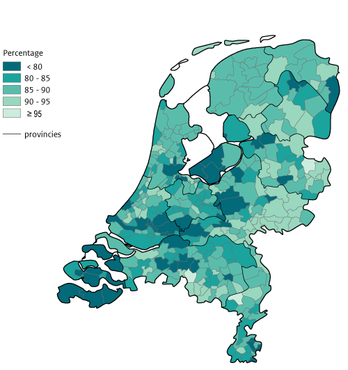 Kaart Nederland deelname RVP zuigelingen per gemeente