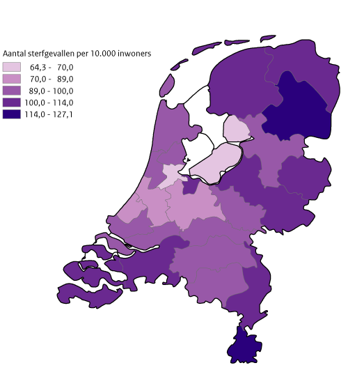 Kaart van Nederland met het aantal sterfgevallen per GGD-regio