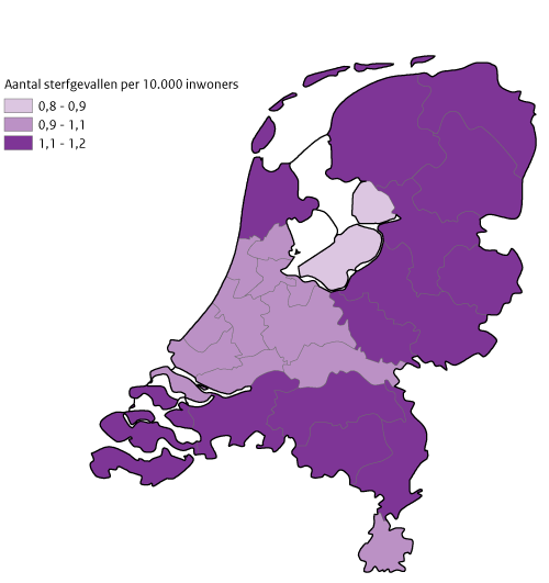 Kaart Nederland sterfte door zelfdoding per GGD-regio